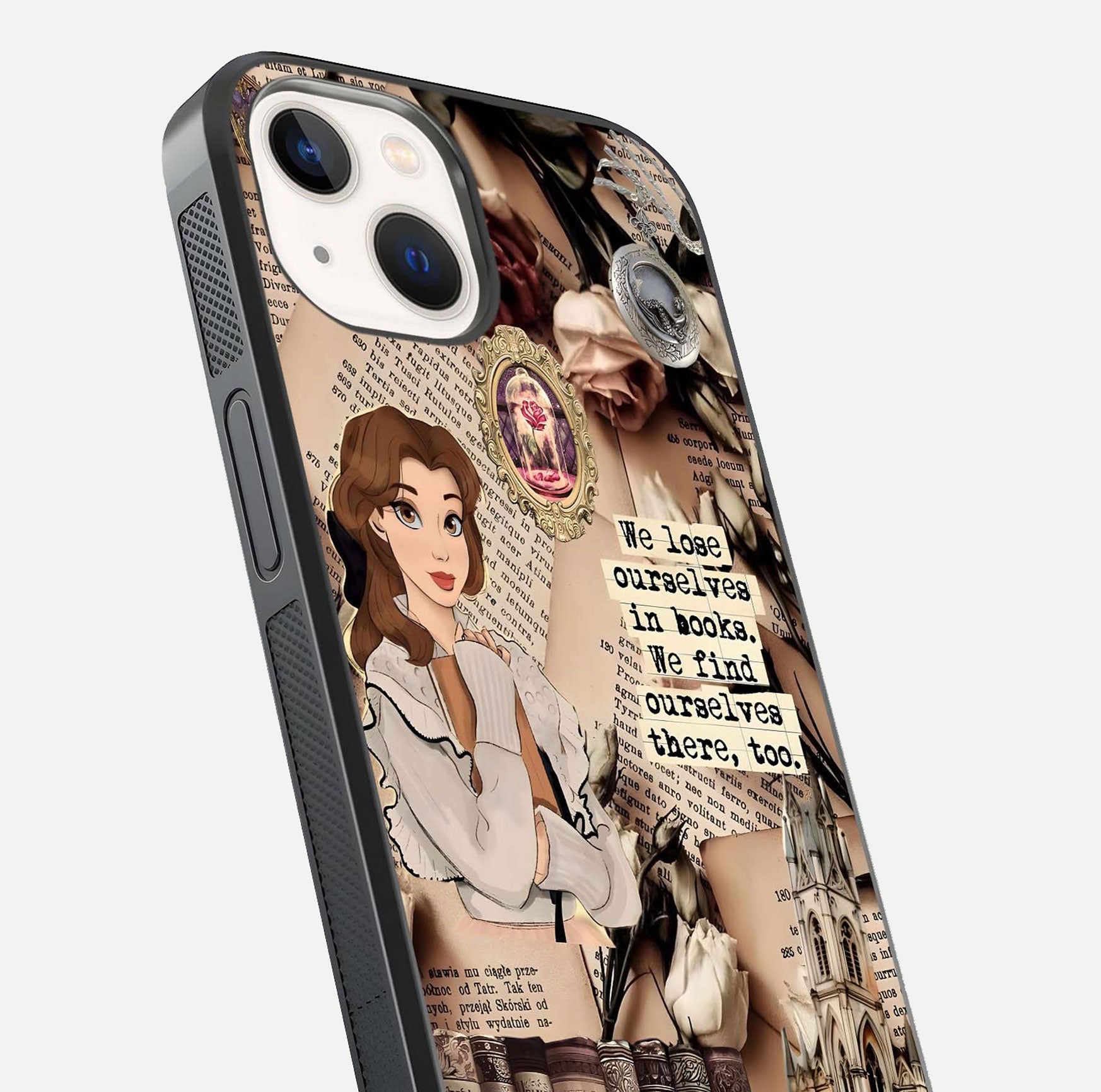 Bookish Dream World Glass Case for iPhone 14 close-up shot highlighting book elements and reflection gloss