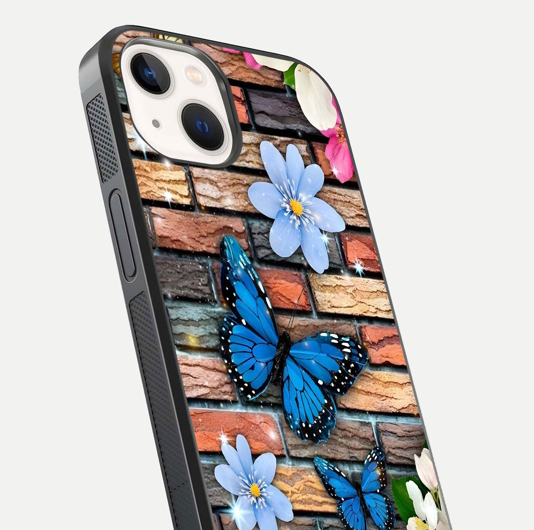Brick Bloom Flight Glass Case for iPhone 14 close-up angle highlighting flower clusters and reflection detail