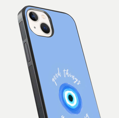 Bright Future Ahead Glass Case for iPhone 14 close-up image highlighting bold quote text and HD reflection
