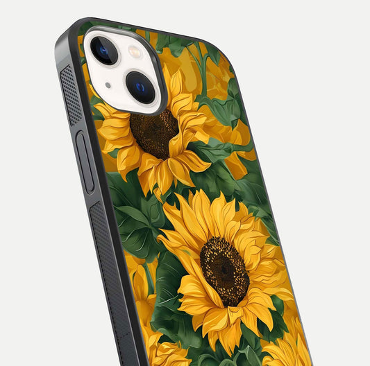 Bright Sunflower Bloom Glass Case for iPhone 14 close-up image highlighting yellow petal detail and HD reflection