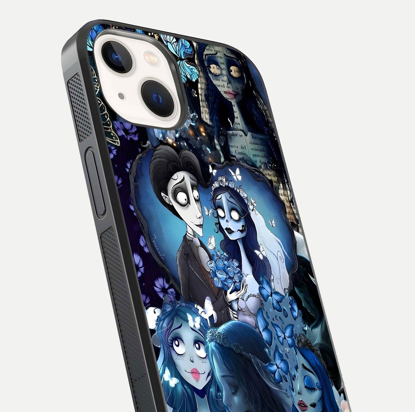 Butterfly Ghost Soul Glass Case for iPhone 14 close-up shot showing ethereal wing patterns and reflection