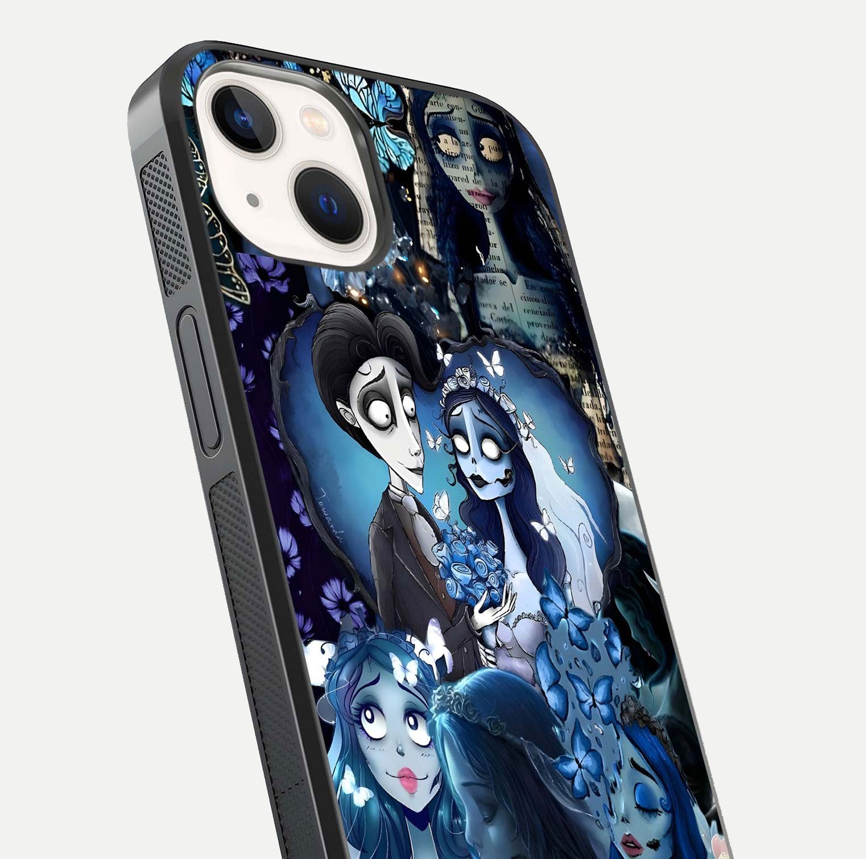 Butterfly Ghost Soul Glass Case for iPhone 14 close-up shot showing ethereal wing patterns and reflection