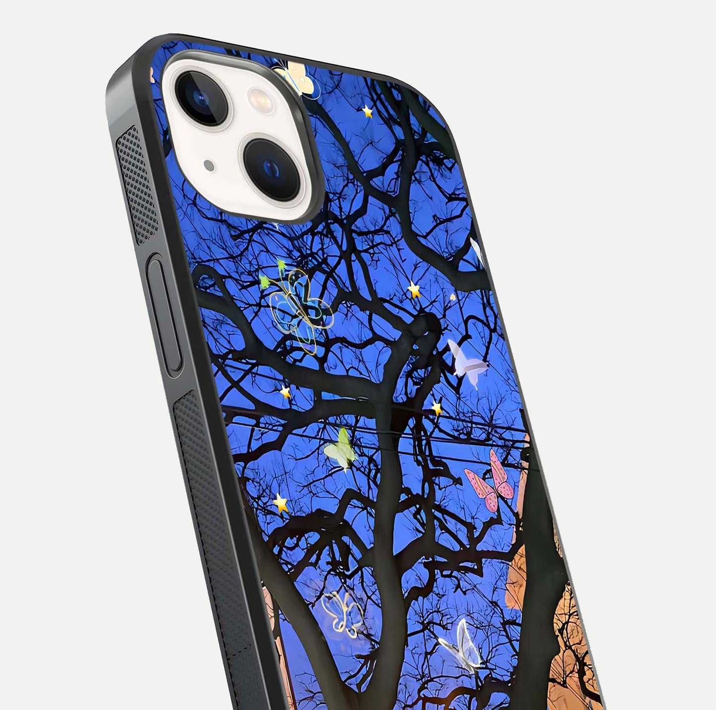 Butterfly Night Magic Glass Case for iPhone 14 close-up highlighting wings reflection and gloss shimmer