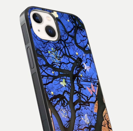 Butterfly Night Magic Glass Case for iPhone 14 close-up highlighting wings reflection and gloss shimmer