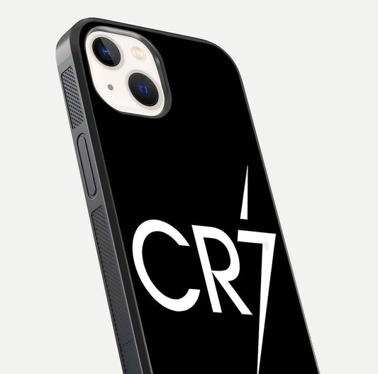 CR7 Elite Strike Glass Case for iPhone 14 close-up highlighting CR7 artwork and shine reflection