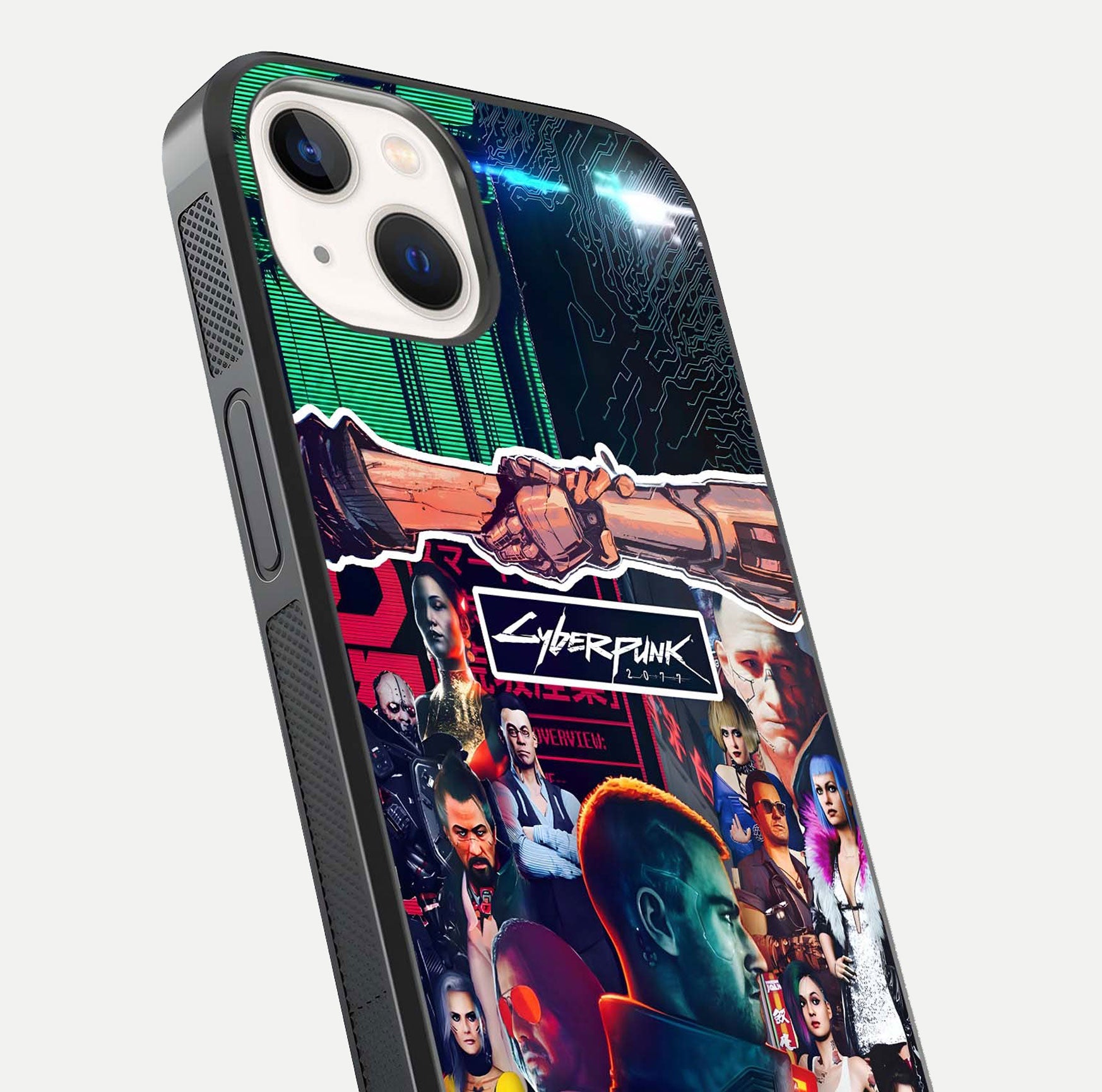 CYBERPUNK Legacy Glass Case for iPhone 14 close-up highlighting circuit texture and reflection tone