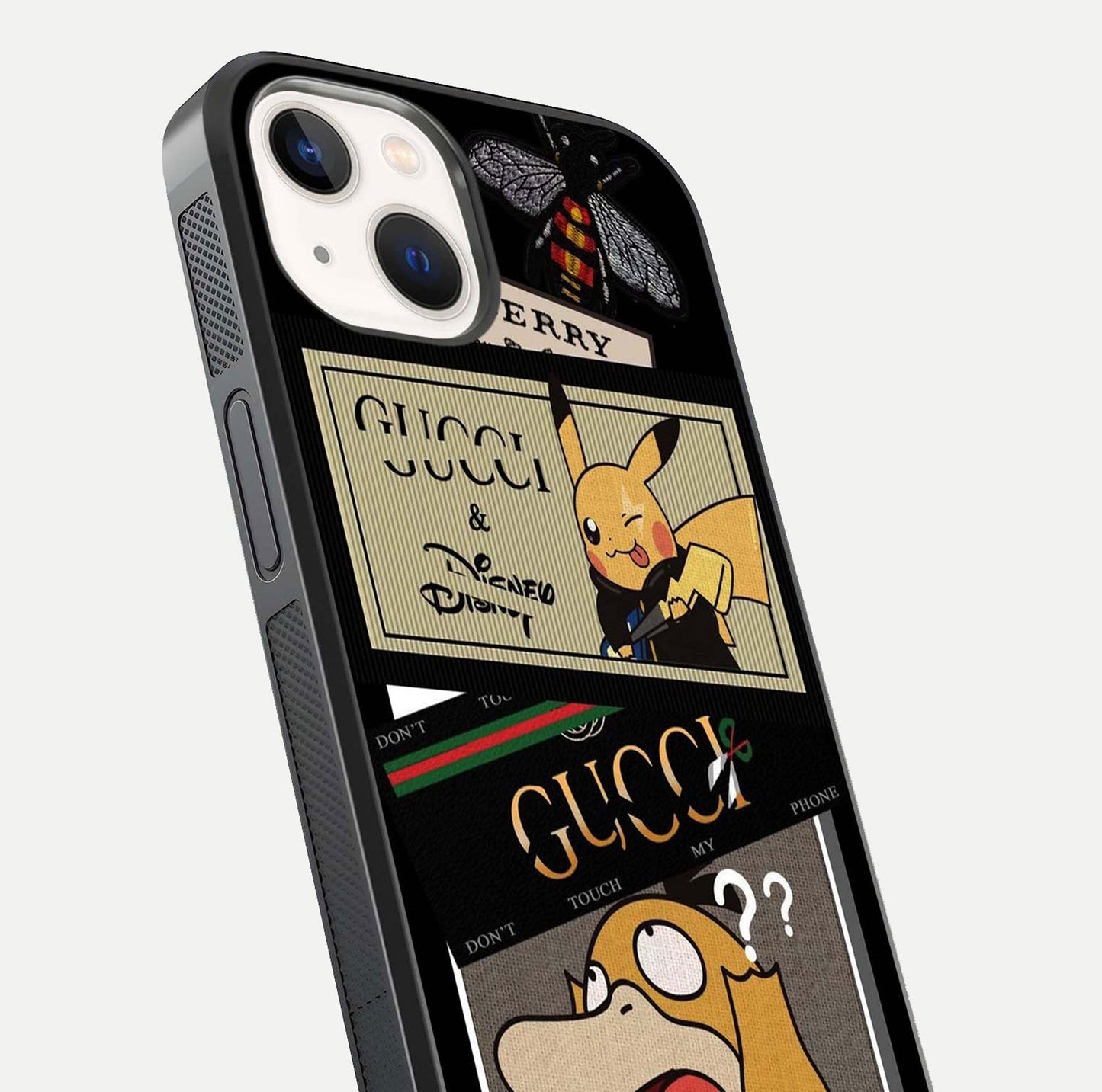 Cartoon Brand Play Mashup Glass Case for iPhone 14 close-up angled shot showing character details and vibrant tones