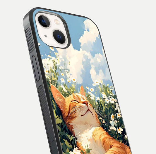 Cat & Flowers View Glass Case for iPhone 14 close-up view highlighting cat expression and petal detail