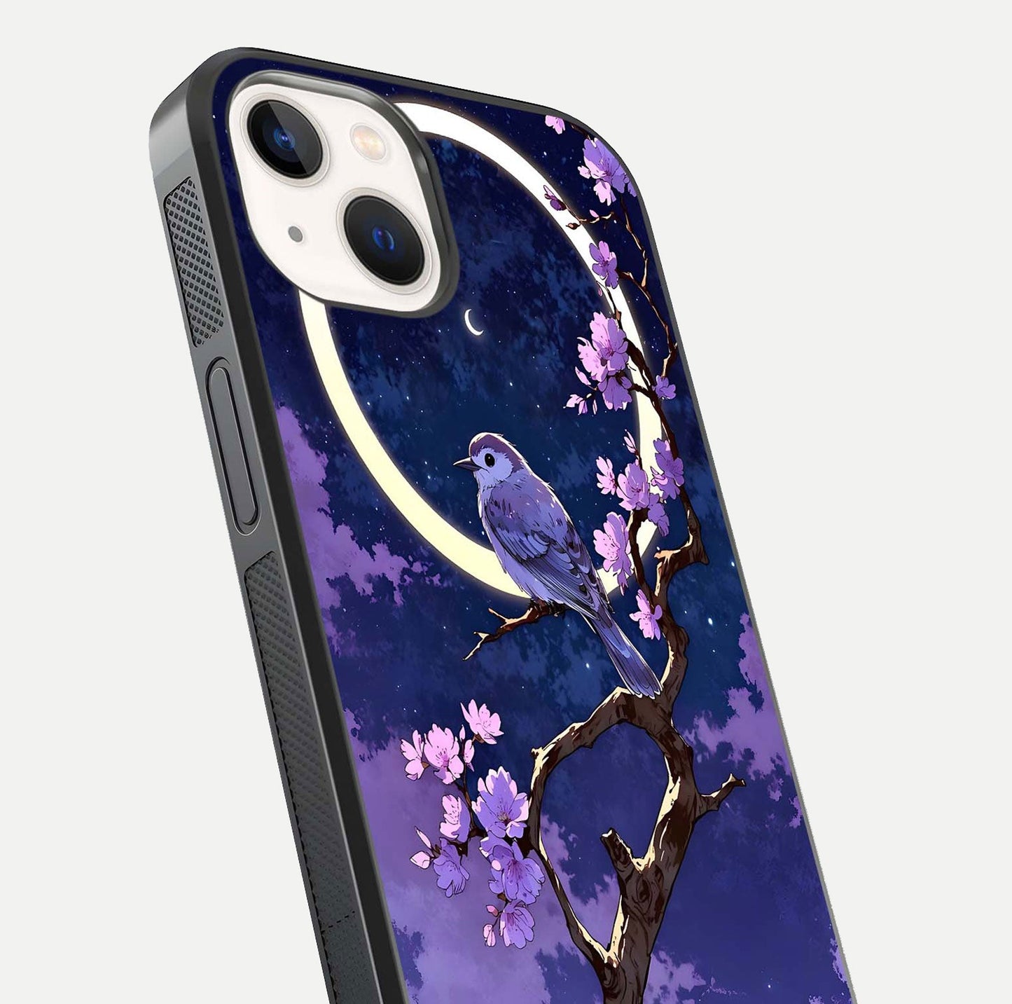 Celestial Bird Blossom Glass Case for iPhone 14 close-up capturing bird detail, petal reflection, and gloss shine