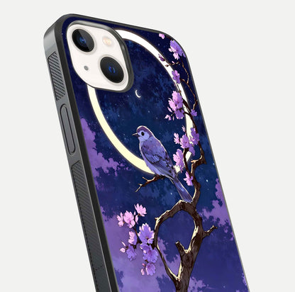 Celestial Bird Blossom Glass Case for iPhone 14 close-up capturing bird detail, petal reflection, and gloss shine