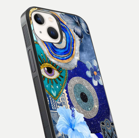 Celestial Blue Vision Glass Case for iPhone 14 close-up shot highlighting reflection details and smooth edge polish