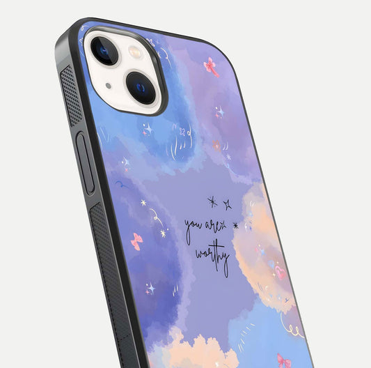 Celestial Cloud Magic Glass Case for iPhone 14 close-up highlighting smooth gradient and gloss surface