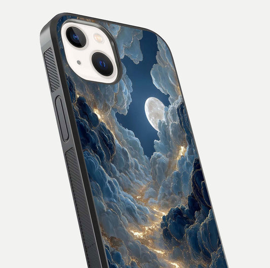 Celestial Cloud Road Glass Case for iPhone 14 close-up view showing road gradient and cloud reflection shine