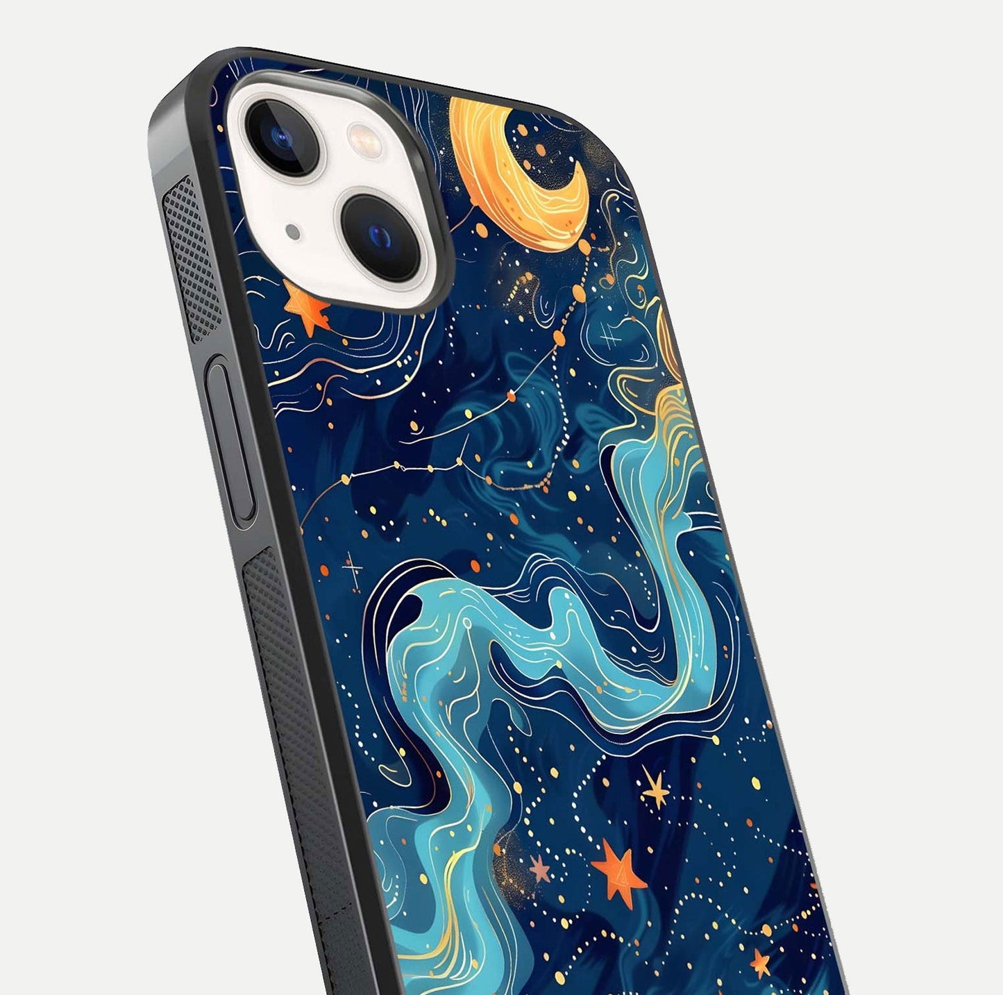 Celestial Dream Flow Glass Case for iPhone 14 close-up highlighting star reflections and smooth glow gradient