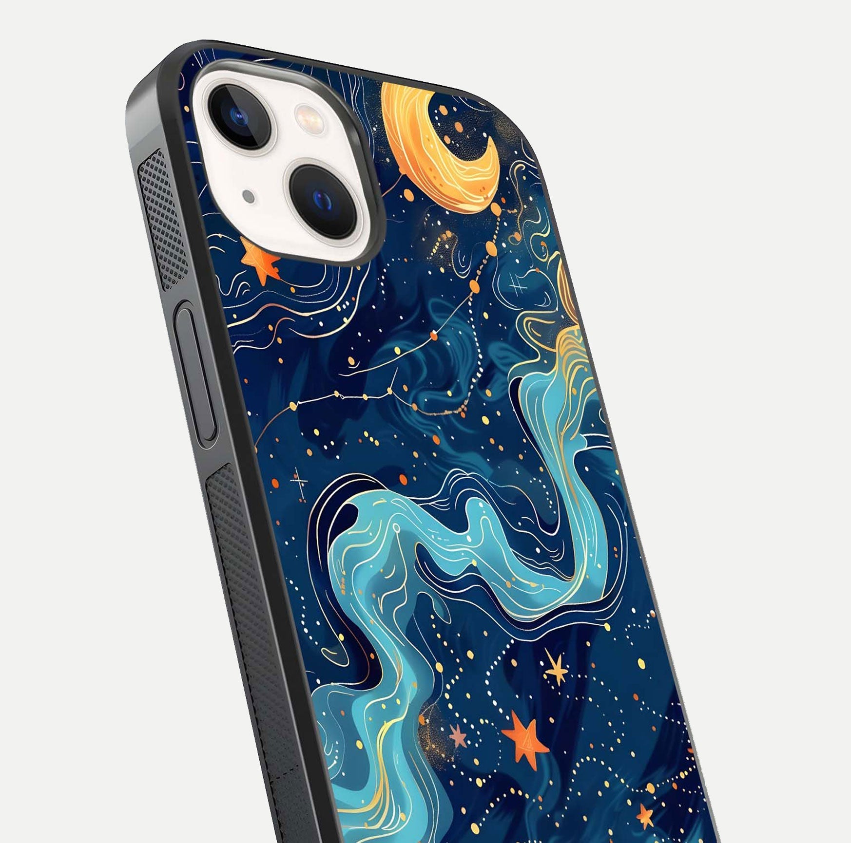 Celestial Dream Flow Glass Case for iPhone 14 close-up highlighting star reflections and smooth glow gradient
