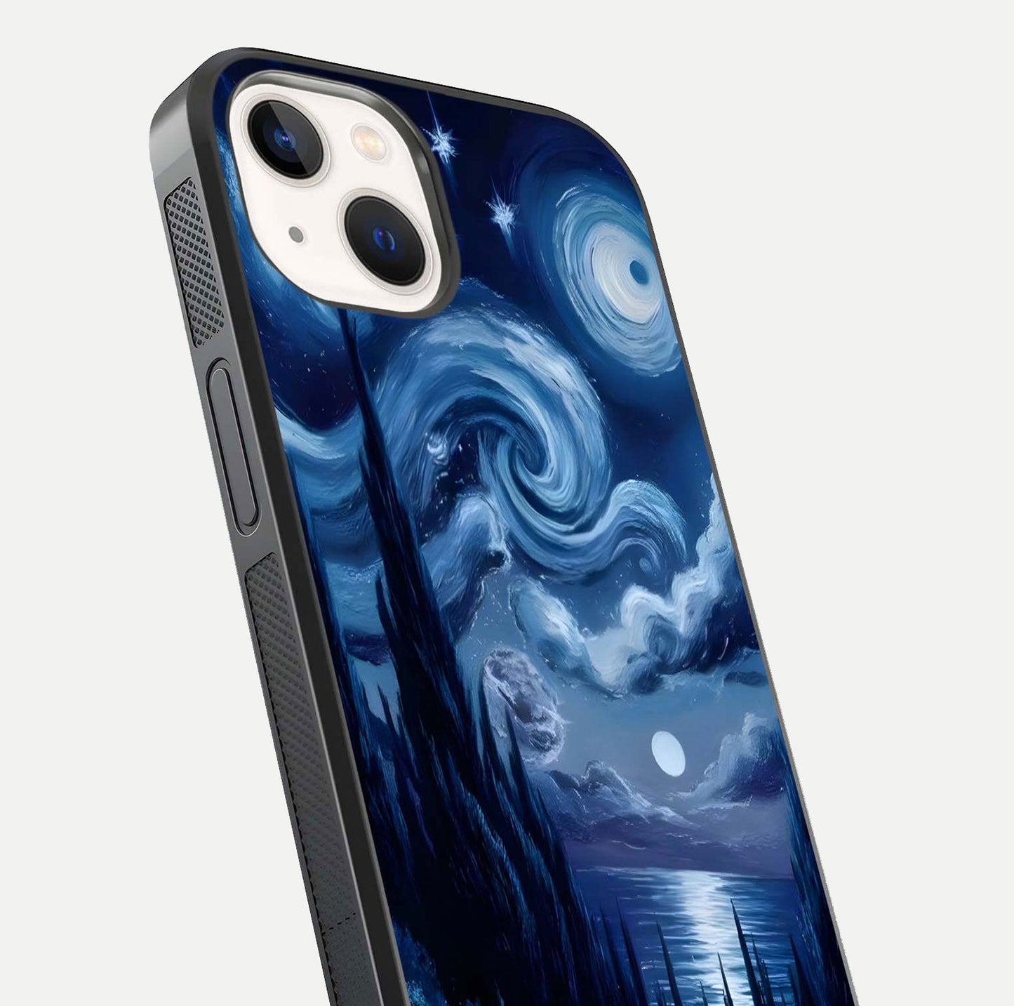 Celestial Dream Van Gogh Glass Case for iPhone 14 close-up view capturing vivid brush details and star reflection