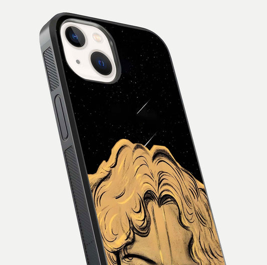 Celestial God’s Plan Glass Case for iPhone 14 close-up angled shot highlighting celestial details and reflection