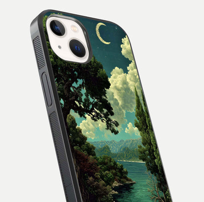 Celestial Lake Peace Glass Case for iPhone 14 close-up highlighting moon reflection and glossy texture