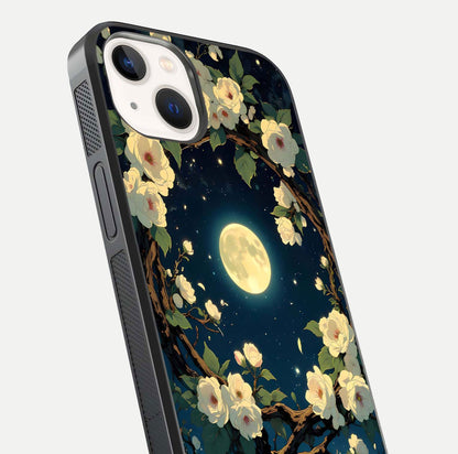 Celestial Moon & Flower Glass Case for iPhone 14 close-up capturing petal reflection and moonlight contrast