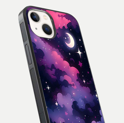 Celestial Moon Magic Glass Case for iPhone 14 close-up view highlighting moon crater detail and glass shine