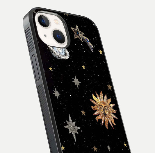 Celestial Moon With Stars Glass Case for iPhone 14 close-up showing cosmic reflection and HD shine