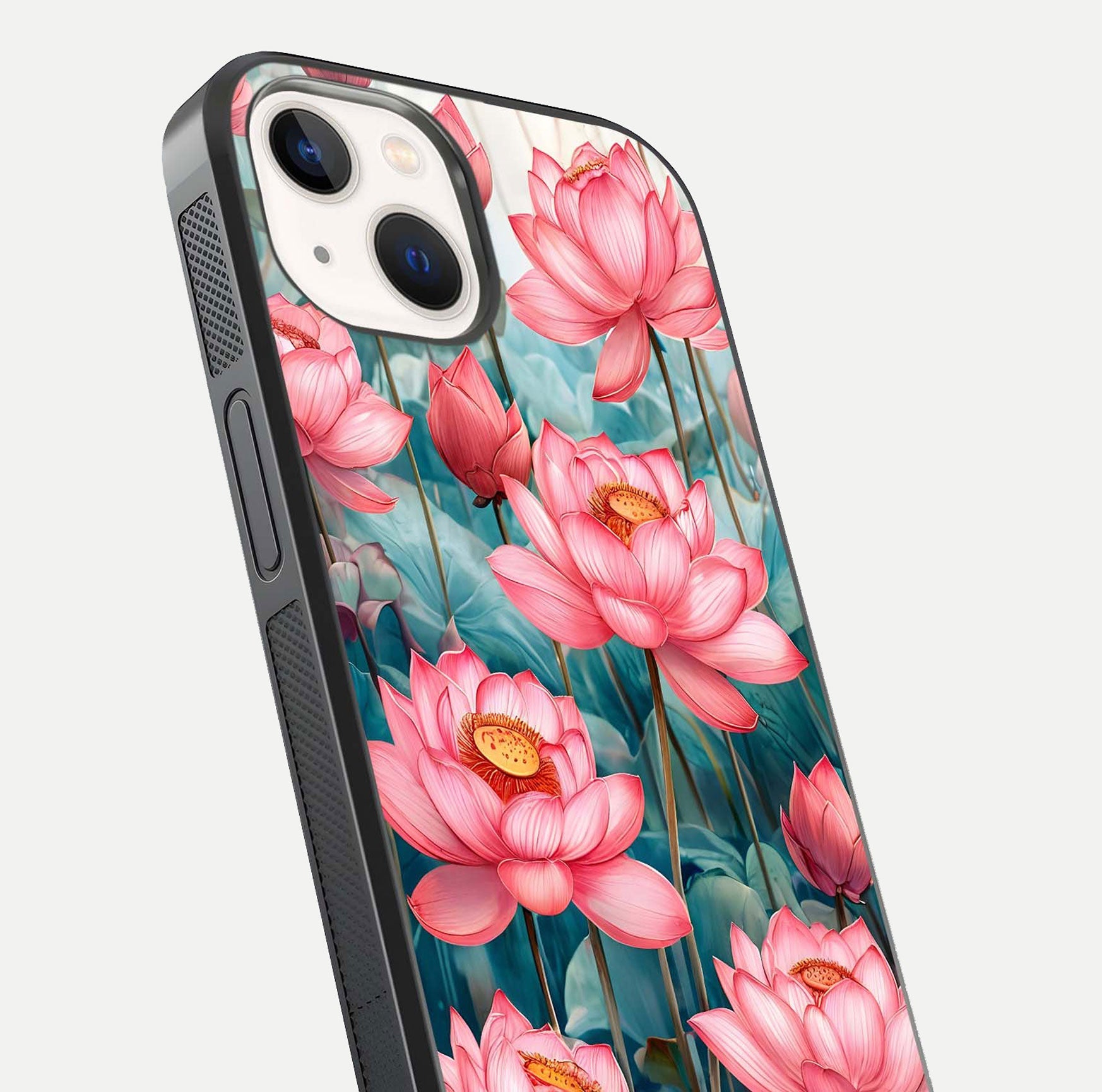 Celestial Pink Lotus Glass Case for iPhone 14 close-up highlighting petal detail and HD glass reflection