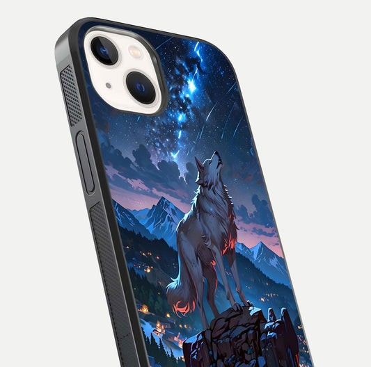 Celestial Wolf Howl Glass Case for iPhone 14 close-up showing wolf silhouette and glowing moon reflection