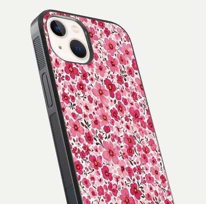 Cherry Blossom Charm Glass Case for iPhone 14 close-up highlighting petal gradient and reflection shine