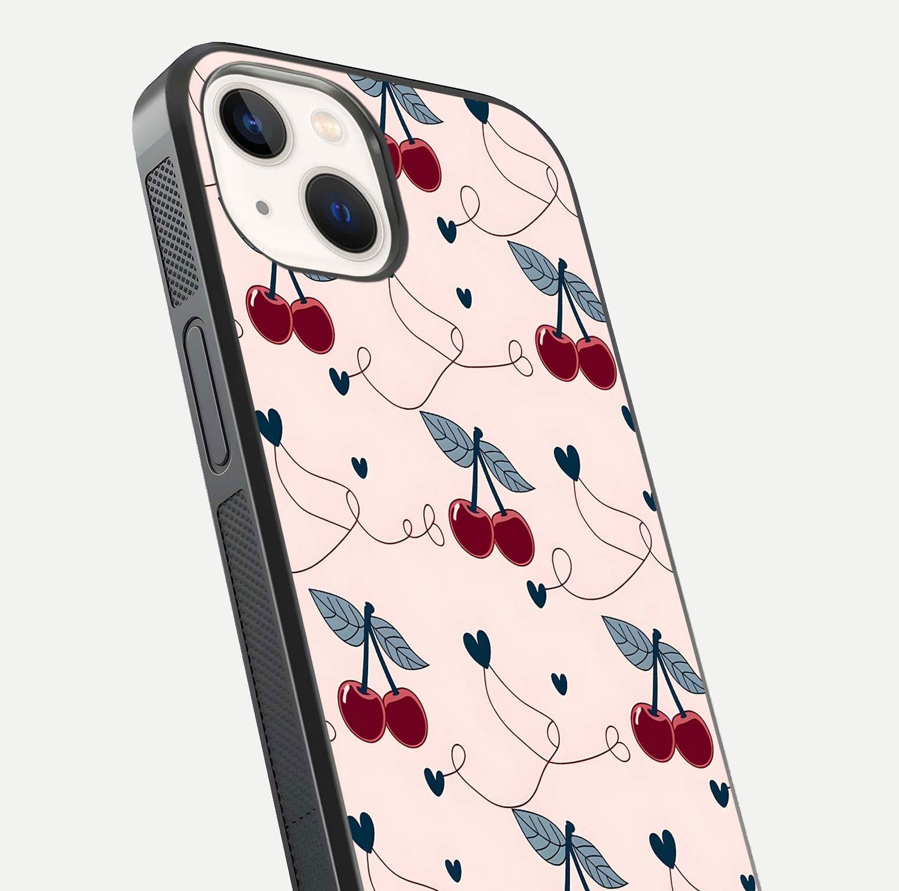 Cherry Heart Line Glass Case for iPhone 14 close-up showing heart outline and HD reflection gloss