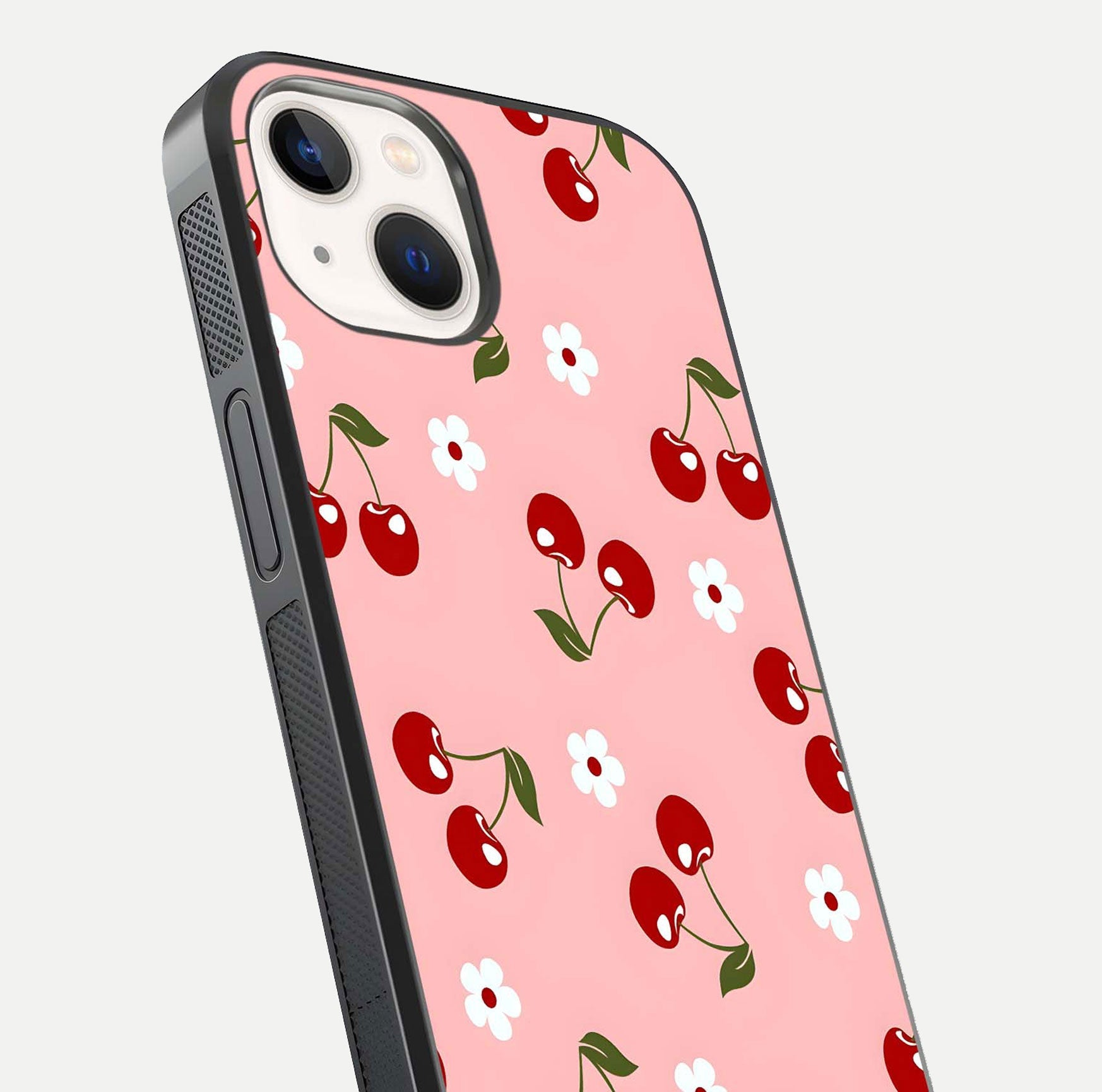 Cherry Love Mood Glass Case for iPhone 14 close-up highlighting cherry heart pattern and reflection shine