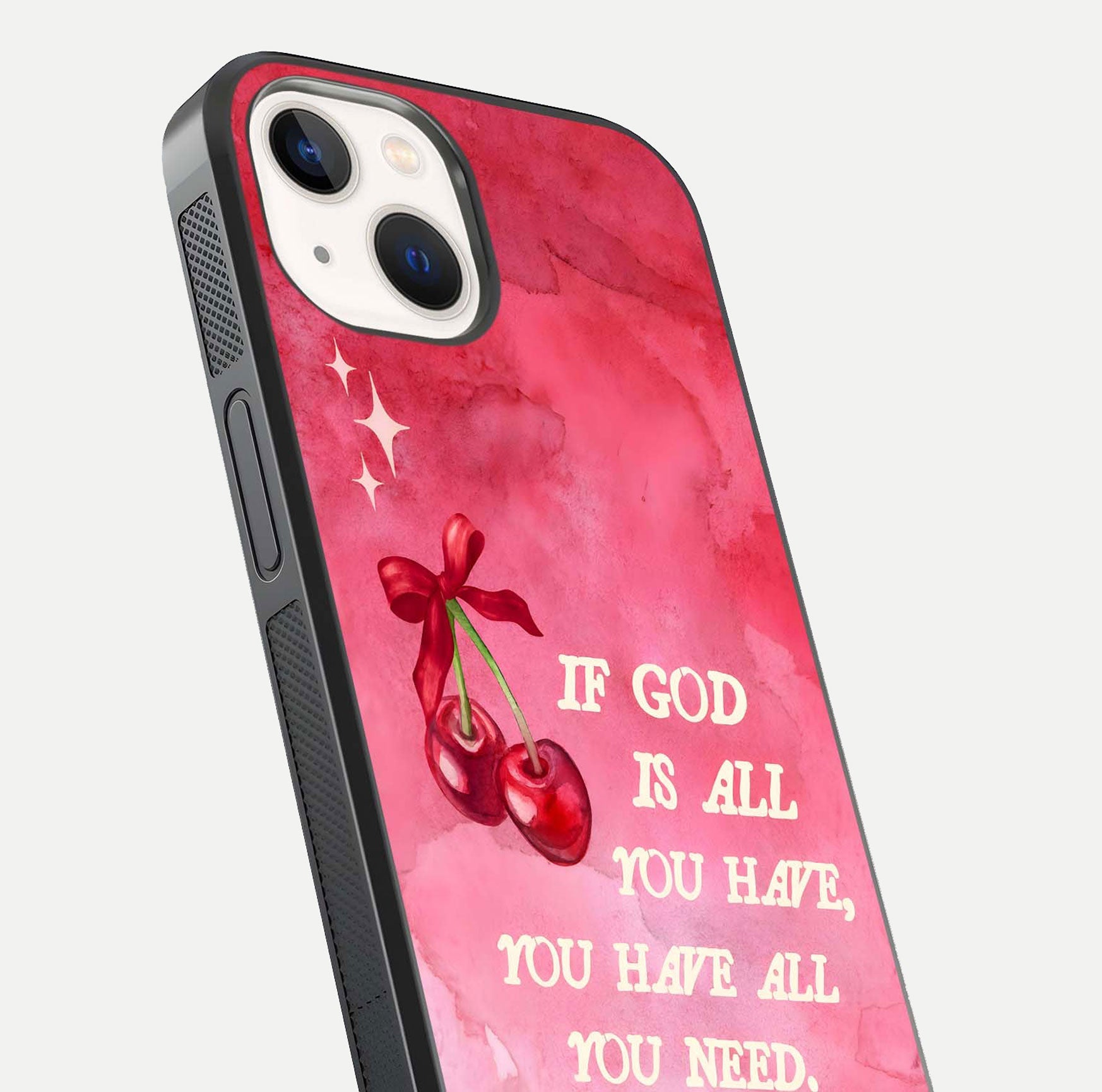 Cherry Quote Glass Case for iPhone 14 close-up showing printed quote detail and HD reflection gloss