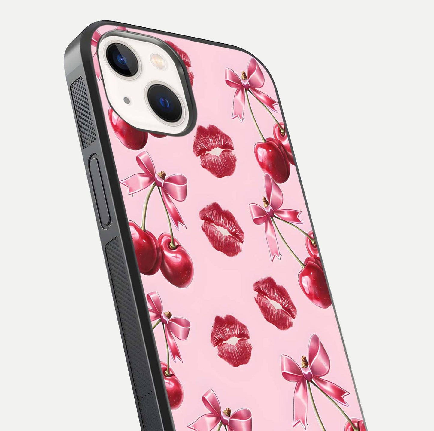 Cherry With Lips Glass Case for iPhone 14 close-up view highlighting lips texture and reflection shine