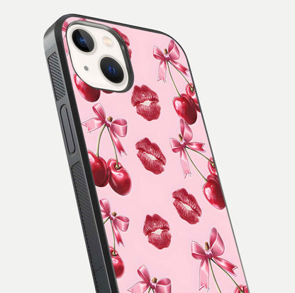 Cherry With Lips Glass Case for iPhone 14 close-up view highlighting lips texture and reflection shine