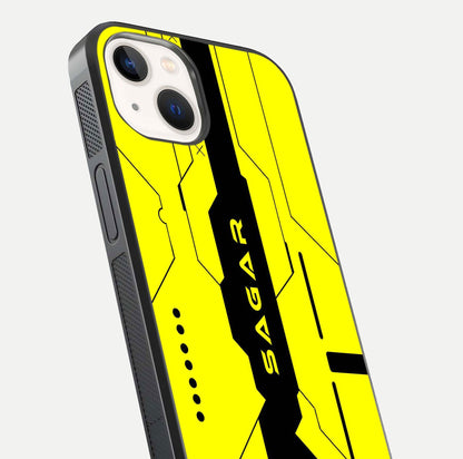 Circuit CYBERPUNK Custom Name Glass Case for iPhone 14 close-up highlighting neon lines, futuristic tones, and gloss reflection