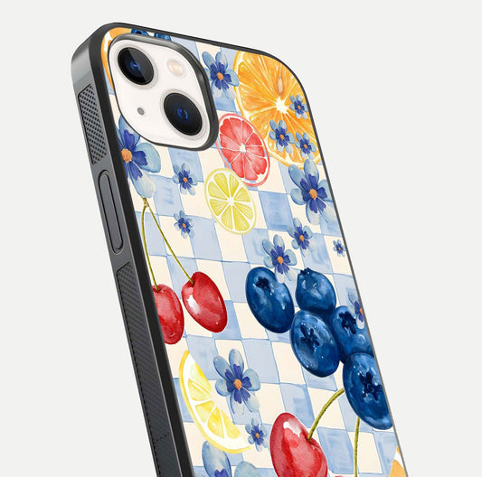 Citrus Bloom Joy Glass Case for iPhone 14 close-up highlighting orange blossoms and reflection detail