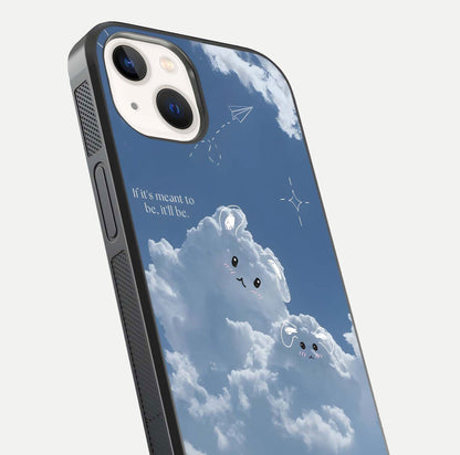 Cloud Bunny Dreams Glass Case for iPhone 14 close-up showing bunny art, dreamy clouds, and HD shine