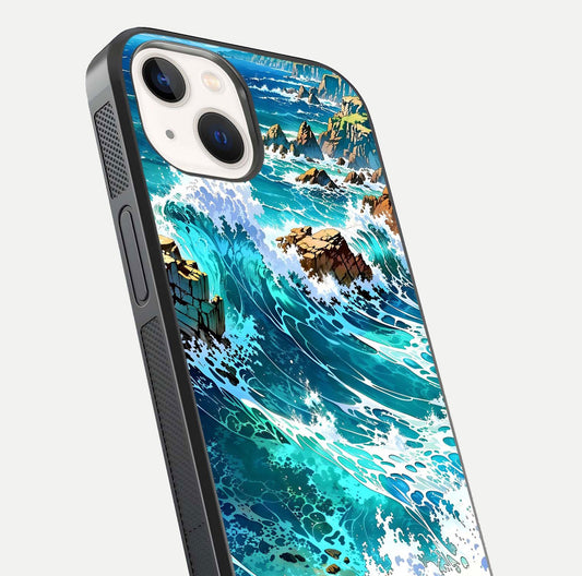 Coastal Blue Waves Glass Case for iPhone 14 close-up highlighting wave texture and blue shine