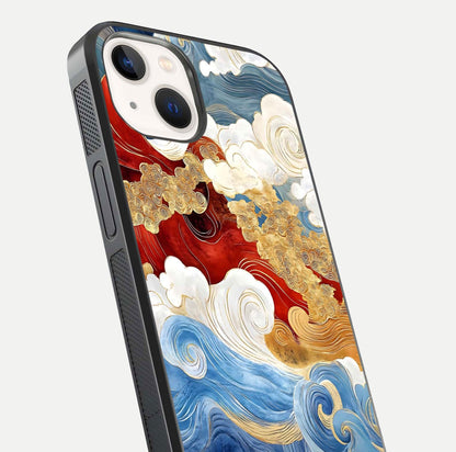 Colored Waves Glass Case for iPhone 14 close-up angled shot highlighting gradient flow and light reflection