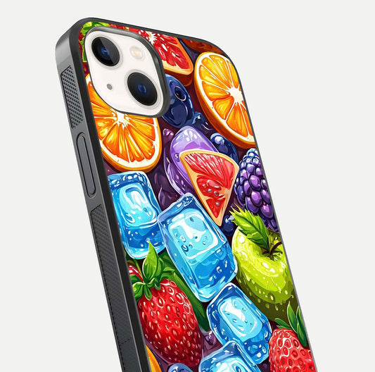 Colorful Fruits with Ice Glass Case for iPhone 14 close-up highlighting fruit color and reflection glow
