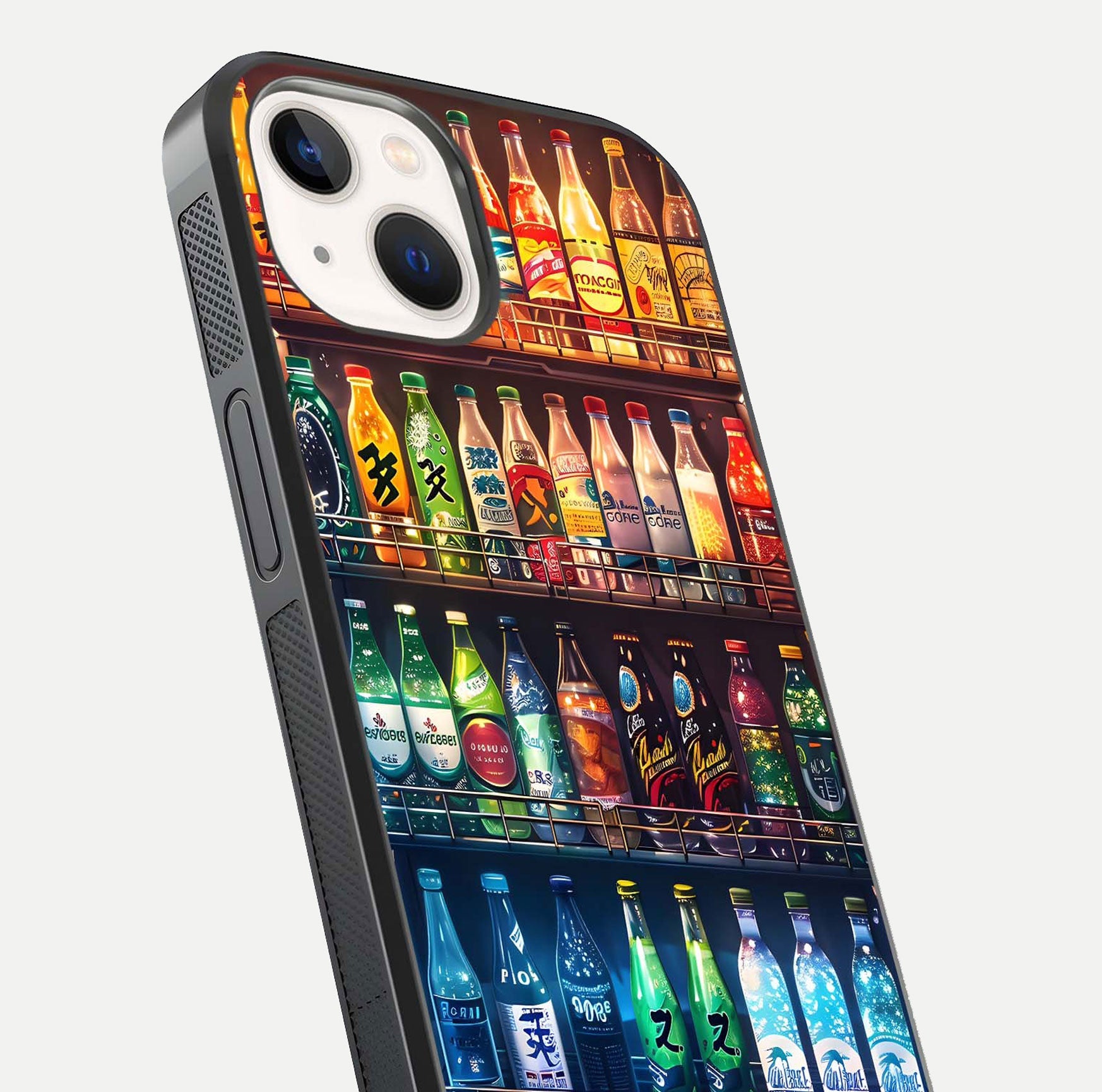 Colorful Soda Bottles Glass Case for iPhone 14 close-up showing colorful bottles and HD reflection