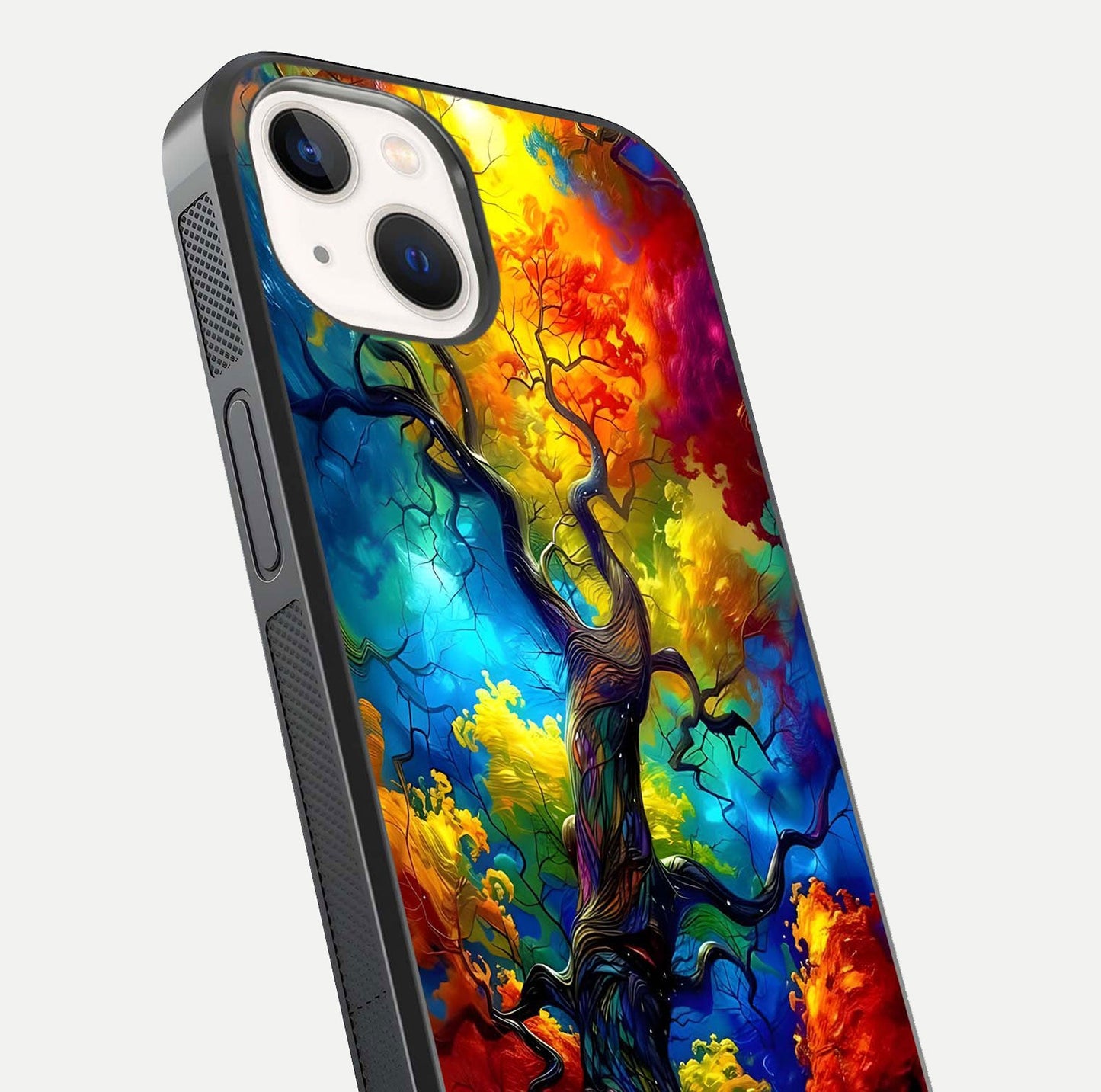 Colorful Tree Glass Case for iPhone 14 close-up highlighting leaf detail, gradient colors, and shine