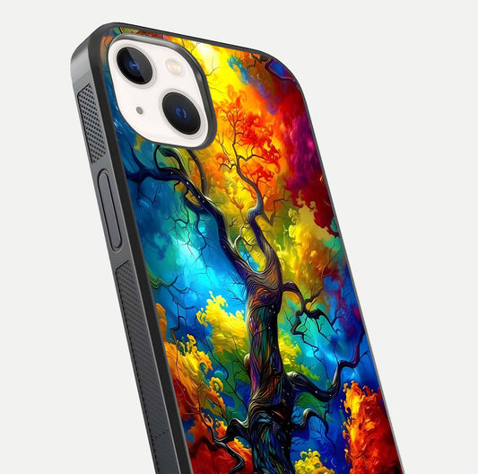 Colorful Tree Glass Case for iPhone 14 close-up highlighting leaf detail, gradient colors, and shine