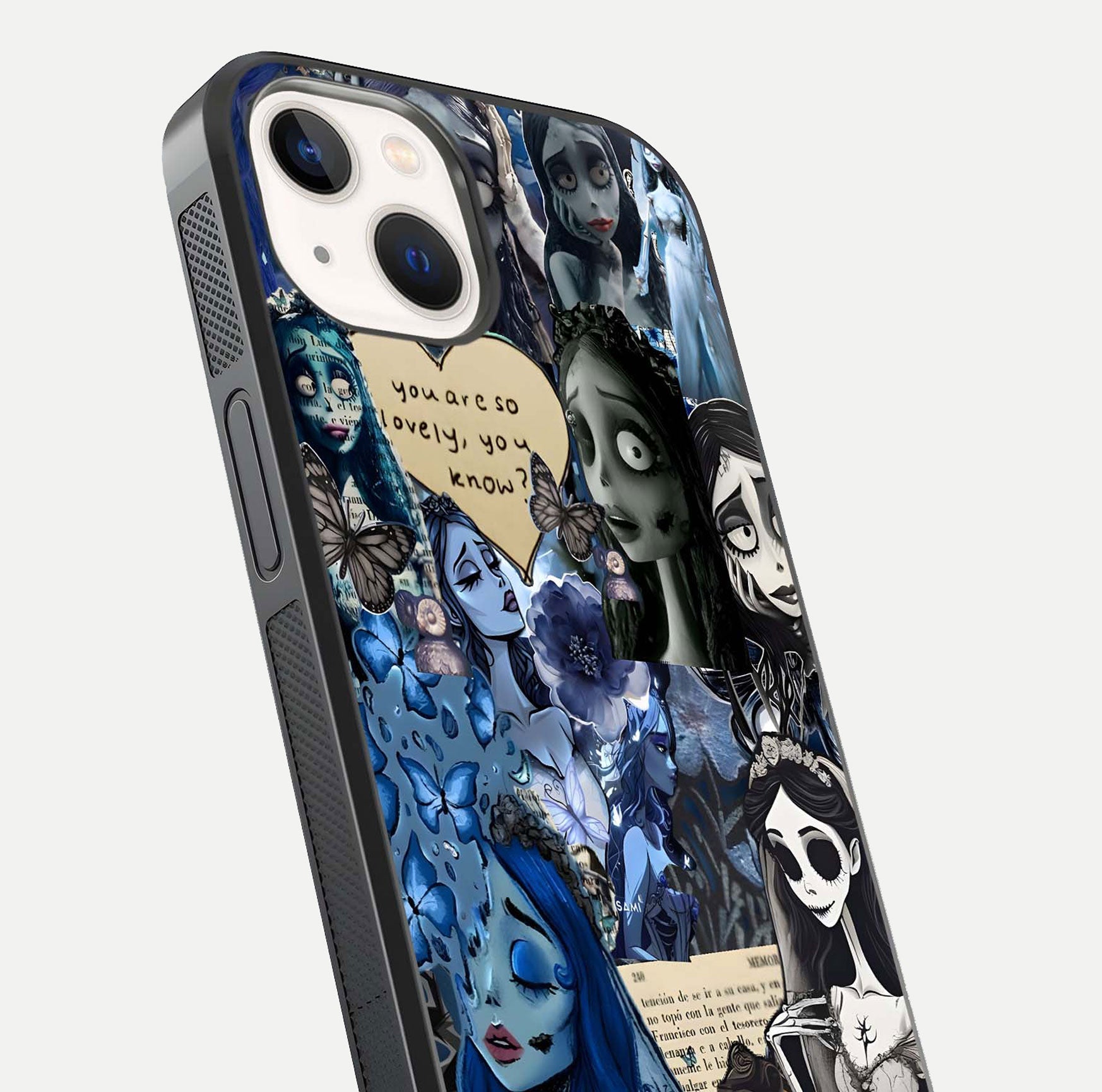 Corpse Bride Posters Glass Case for iPhone 14 close-up highlighting detailed artwork and reflection polish