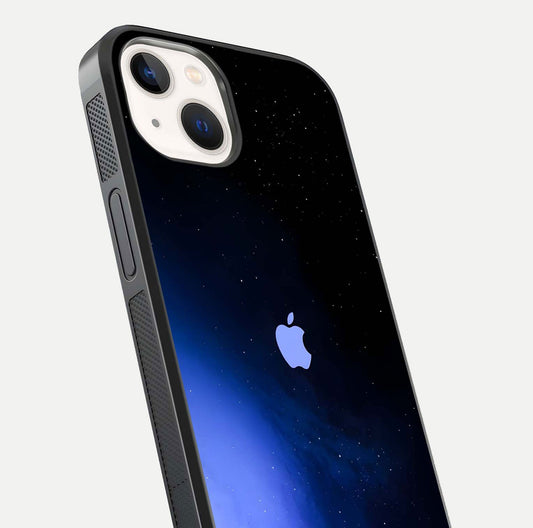 Cosmic Blue Apple Glass Case for iPhone 14 close-up highlighting galaxy pattern, shine, and reflection detail