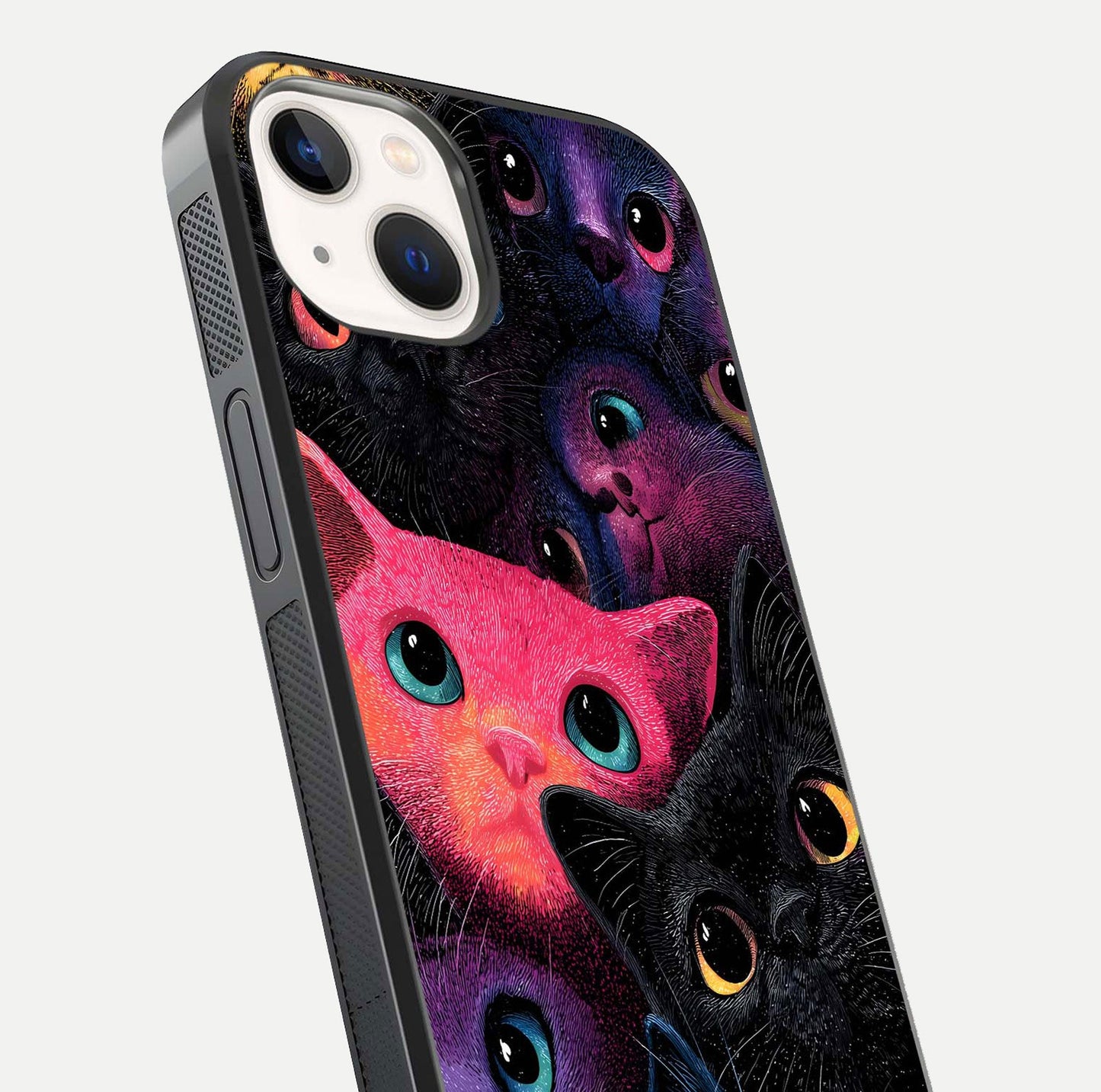 Cosmic Cats Dreams Glass Case for iPhone 14 close-up highlighting cats and cosmic glow reflection