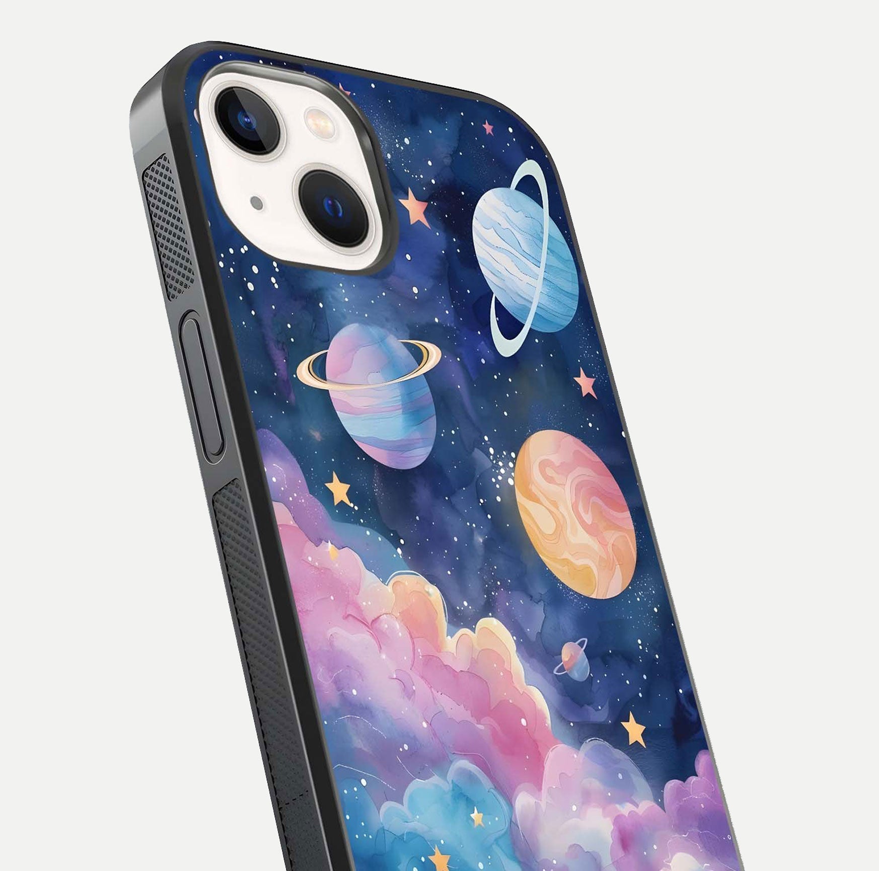 Cosmic Planet Dreams Glass Case for iPhone 14 close-up highlighting planetary details and reflection glow