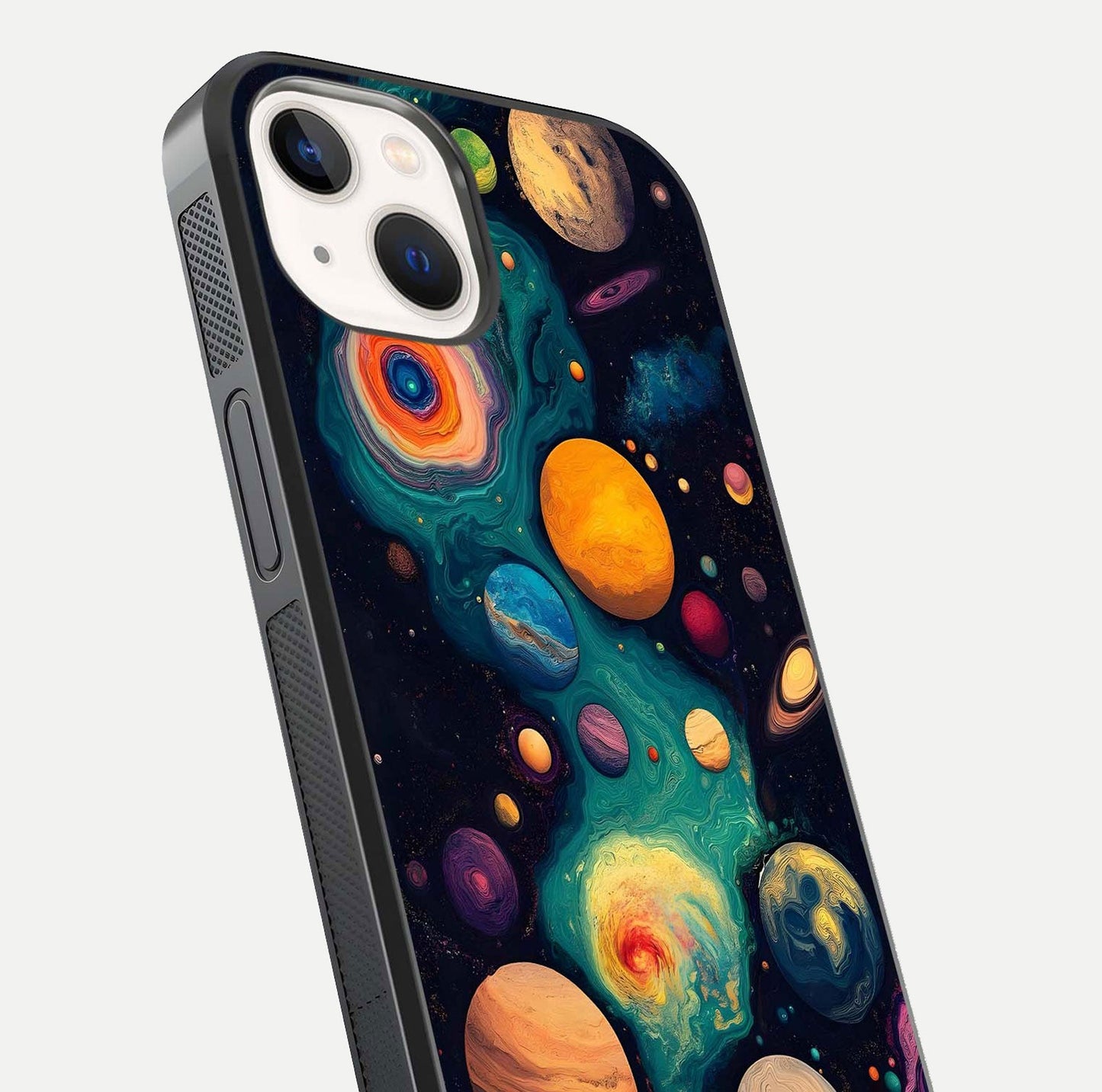 Cosmic Planet Journey Glass Case for iPhone 14 close-up highlighting planets, stars, and shine reflection