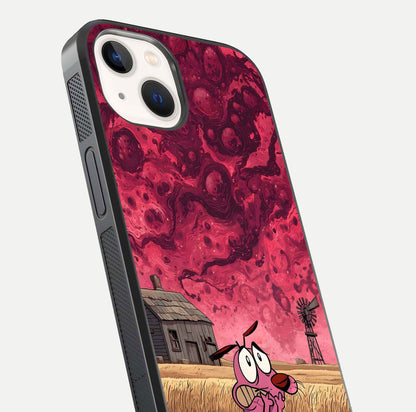 Courage Under Sky Glass Case for iPhone 14 close-up highlighting typography and HD reflection