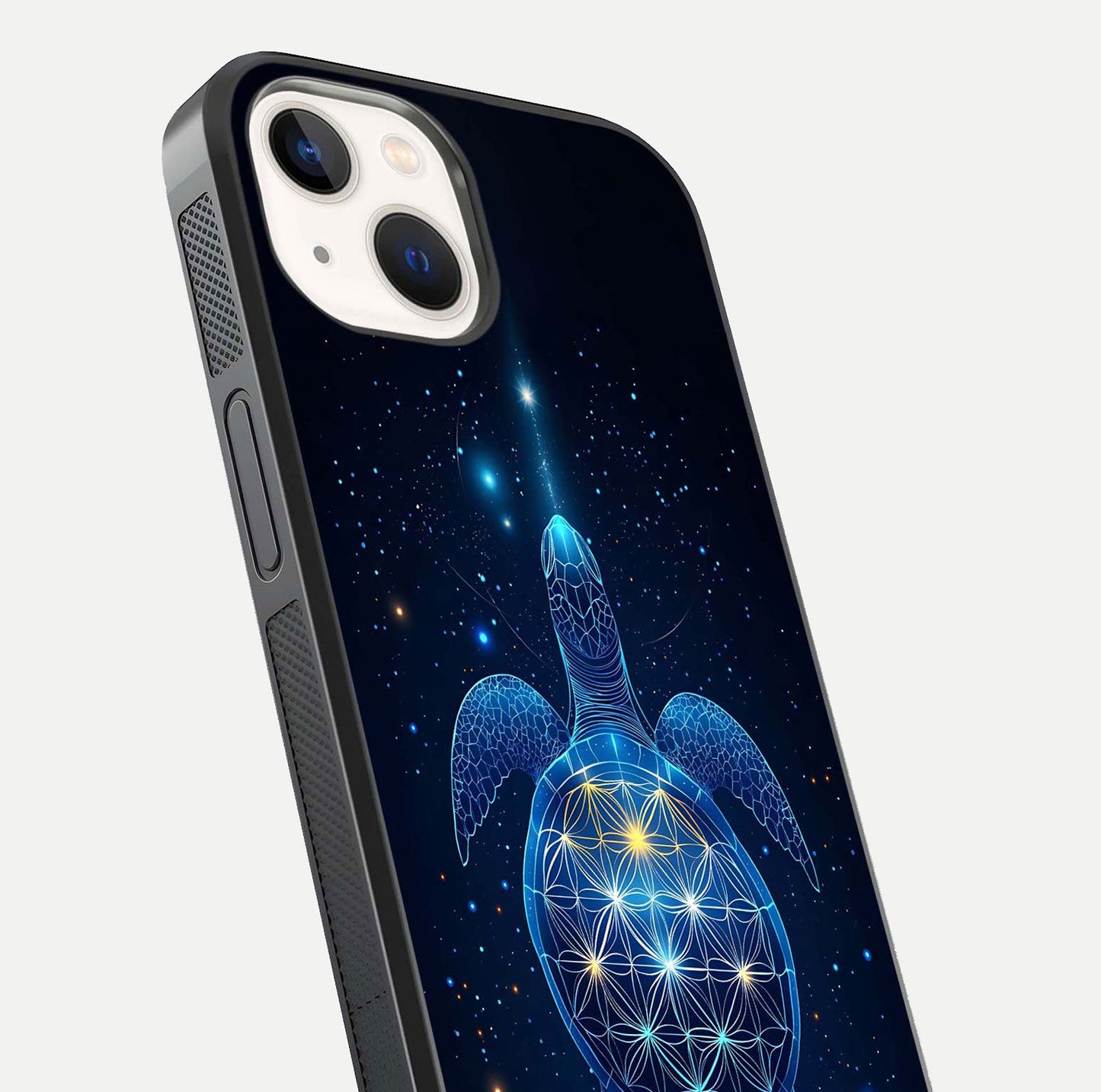 Crimson Blue Turtle Glass Case for iPhone 14 close-up highlighting turtle shell detail and shine reflection