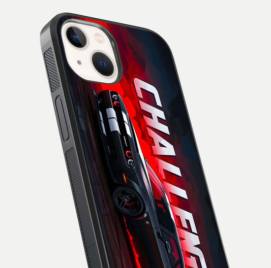 Crimson Challenger Fury Glass Case for iPhone 14 close-up highlighting car details and reflection depth